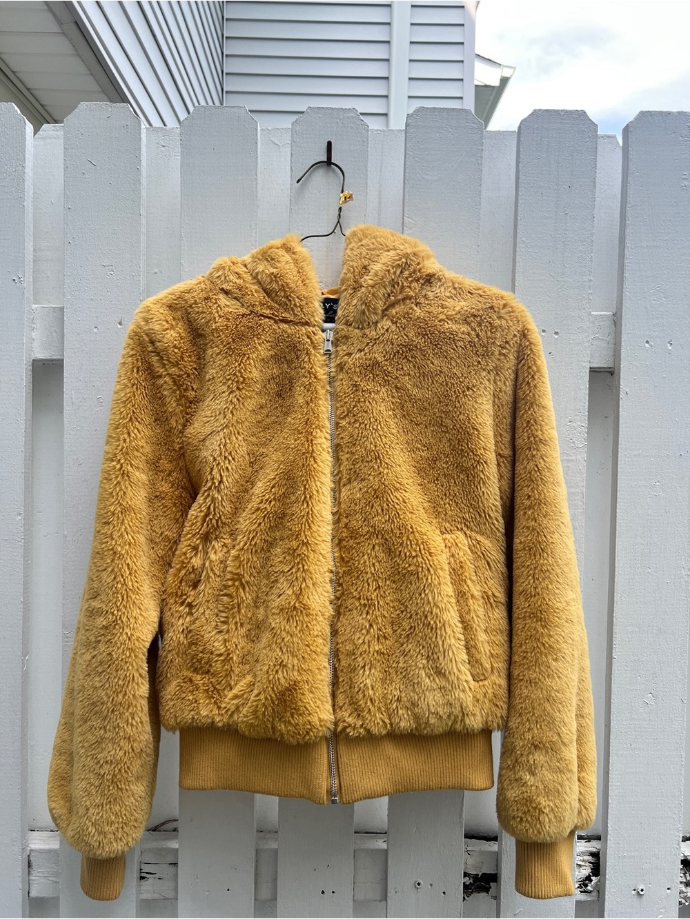 Faux Fur Hooded Bomber Jacket - Mustard